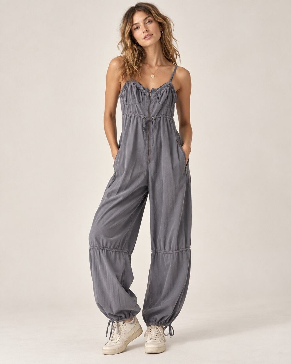 Free People Anthropologie Gray Utility Jumpsuit Sz S Ruched Bust Parachute Pants